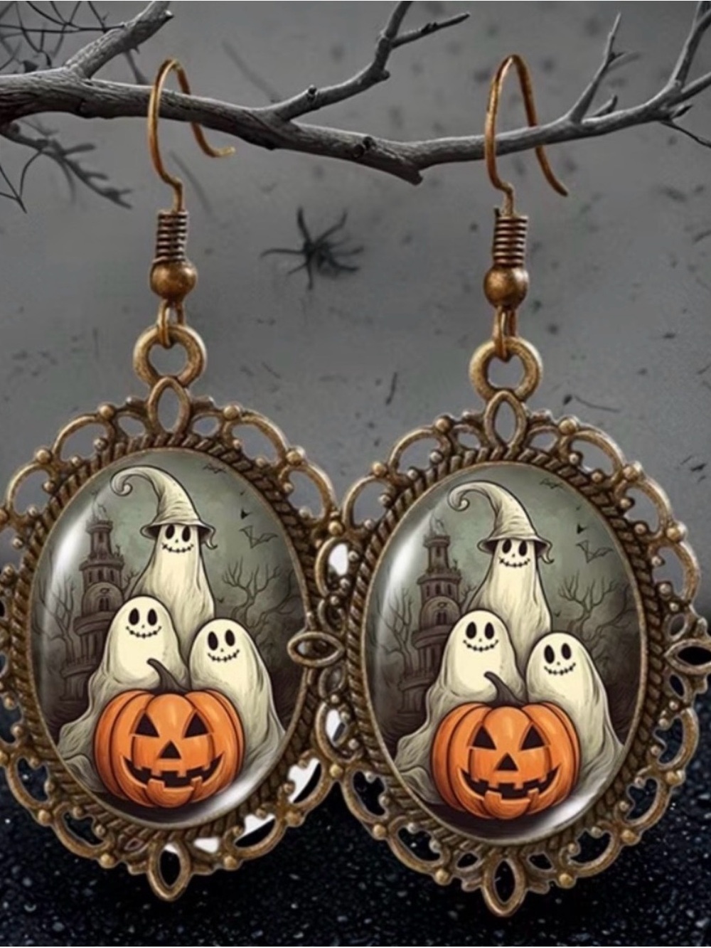 Halloween Ghost Pumpkin Dangle Earrings in Antique Bronze Finish NWT